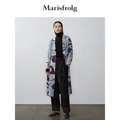 【高迪艺趣】玛丝菲尔秋季绵羊毛长款印花针织开衫外套商品大图