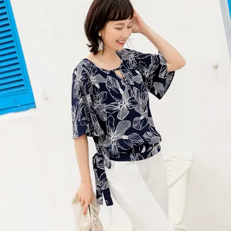 桔熊夏季度假风花朵印花喇叭袖雪纺衫薄款上衣女大码AB15141商品大图