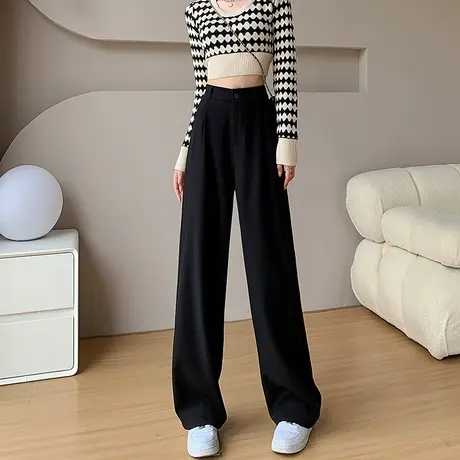 黑色休闲西装裤女春秋新款窄版阔腿裤高腰显瘦垂感直筒拖地长裤子商品大图
