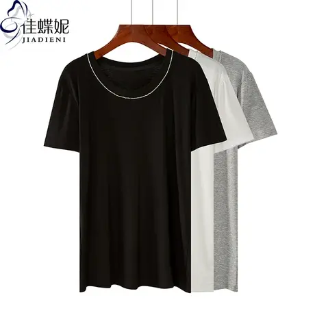 夏季新款韩版圆领纯白宽松纯色中长款烫钻短袖体恤上衣休闲女装商品大图