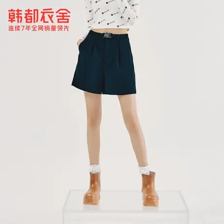 韩都衣舍高腰阔腿短裤女夏新款卡扣腰带黑色宽松弹力休闲裤女商品大图