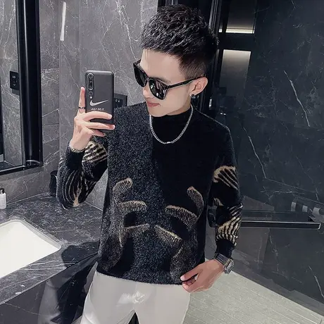 冬季男士毛衣时尚休闲潮牌个性快手针织衫线衣修身潮流加厚打底衫商品大图