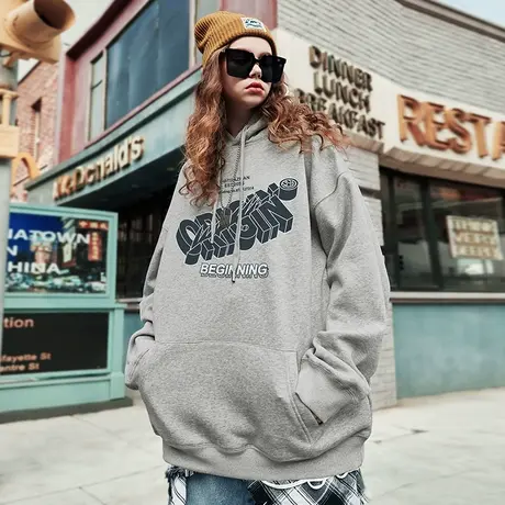 青少年秋冬款加绒连帽卫衣潮牌男美式加厚套头上衣保暖长袖外套女商品大图