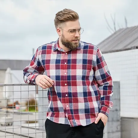 胖哥哥格子衬衫外套男长袖春秋休闲宽松上衣大码青年加大胖子衬衣图片