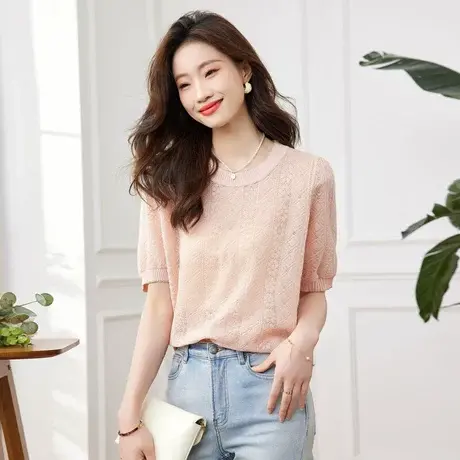 时尚气质短袖针织衫2023年夏季新款淑女温柔圆领宽松显瘦通勤上衣商品大图