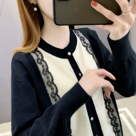 韩版时尚宽松优雅蕾丝拼接针织开衫女秋冬气质百搭上衣打底毛衣女图片
