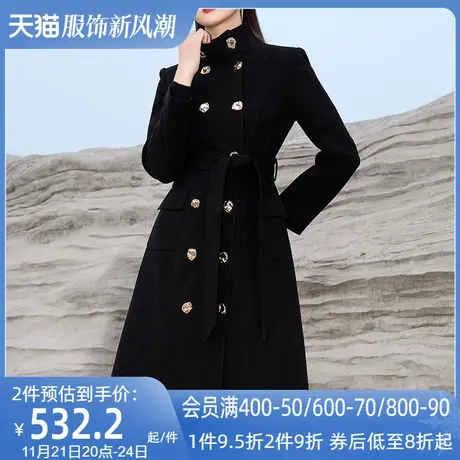 AUI黑色赫本风修身毛呢外套女2023冬新款御姐中长款立领呢子大衣商品大图