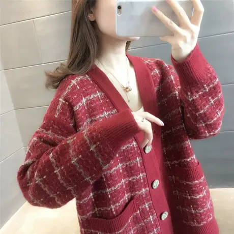 春秋季小香风针织上衣2023款韩风宽松格子秋冬百搭开衫毛衣外套女商品大图