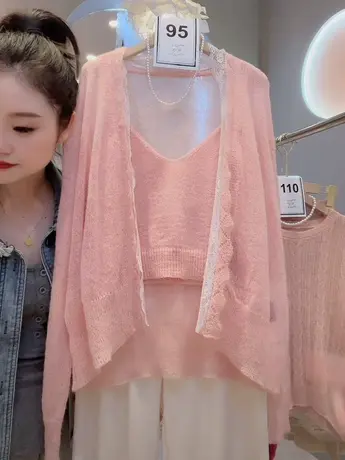 很仙的软糯粉色针织衫吊带开衫女蕾丝拼接长袖两件套毛衣百搭上衣商品大图