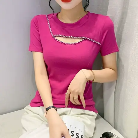 欧货时尚钉珠镂空T恤女短袖网红洋气百搭上衣小众设计感修身小衫图片