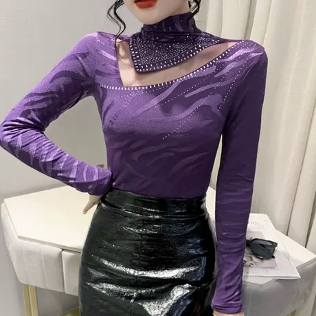 高领打底衫女加绒加厚内搭长袖网纱拼接气质上衣性感镂空T恤秋冬商品大图