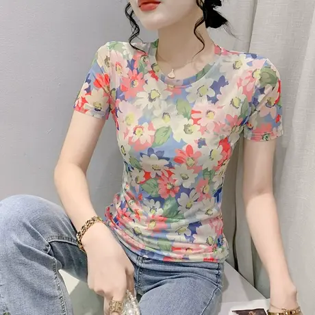 时尚复古印花短袖上衣女2024夏装新款性感网纱T恤修身气质小衫潮商品大图