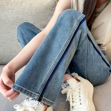 复古撞色直筒阔腿牛仔裤女春秋新款2023新款高腰显瘦宽松拖地裤子商品大图