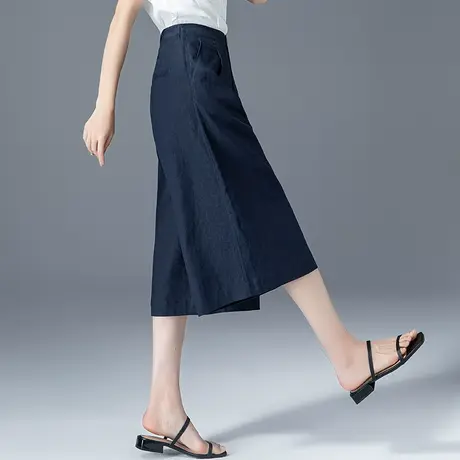 藏青色棉麻阔腿裤女夏薄款七分裤直筒裤子裙裤八分裤夏季亚麻女裤商品大图