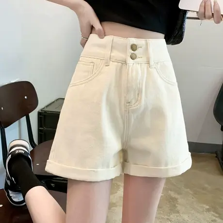 米白色牛仔短裤女夏季薄款2023新款翻边高腰宽松显瘦a字阔腿热裤商品大图