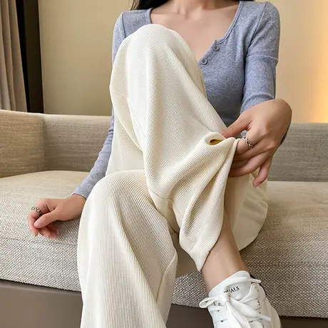 白色针织裤女春秋高腰垂感香蕉裤宽松显瘦裤子休闲卫裤直筒阔腿裤商品大图