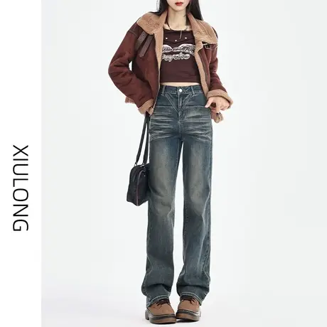 高腰直筒牛仔裤女春秋季2023年新款显瘦宽松复古美式阔腿烟管裤子图片