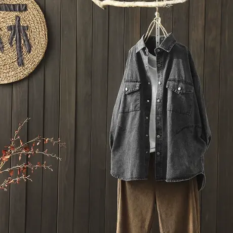 枫谜2020年秋装新款文艺复古牛仔中长款外套女休闲百搭牛仔上衣图片