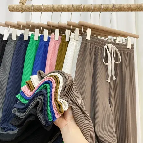 宽松高腰压百褶皱条纹阔腿裤女早春显瘦纹理垂感拖地直筒休闲裤子图片