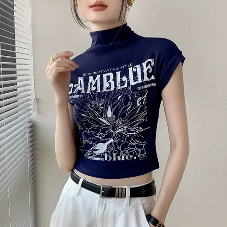 歌倍尚半高领无袖T恤女2025早秋新品西装内搭上衣坎肩印花打底衫商品大图