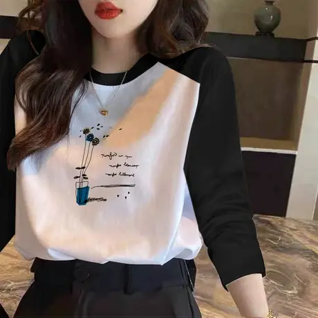 春季纯棉长袖女t恤插肩袖上衣2023年新款韩版宽松百搭纯棉打底衫商品大图