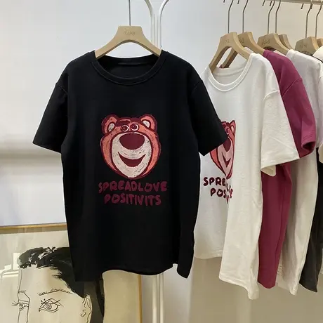春季韩版洋气减龄卡通印花圆领短袖磨毛t恤女宽松慵懒打底衫上衣商品大图