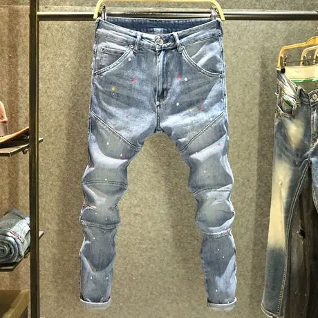 美式机车夏季新款牛仔裤男款修身小脚裤潮牌个性泼墨街头痞帅长裤商品大图