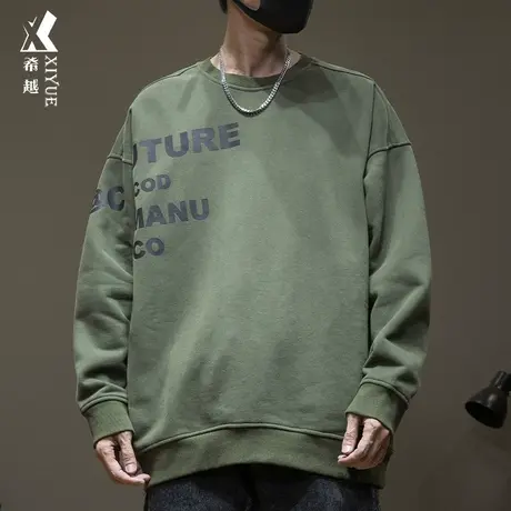 春秋圆领无帽卫衣男宽松大码军绿毛圈底休闲衣服春季男士套头衫潮商品大图