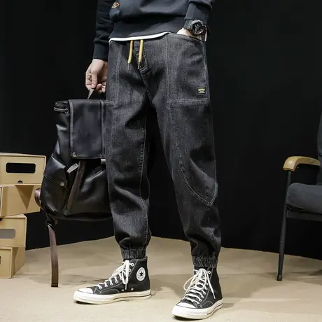 潮牌牛仔裤男2022秋季新款黑色裤子宽松大码束脚哈伦胖子加肥加大图片