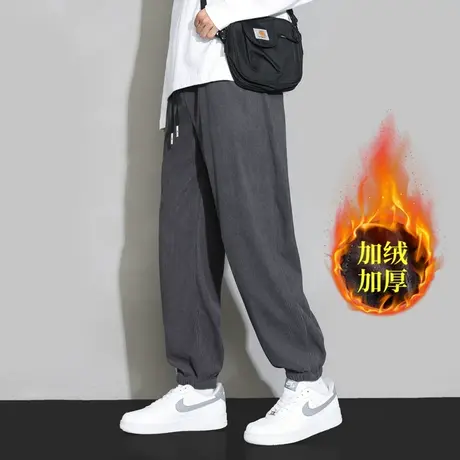 男裤秋冬灯芯绒休闲长裤直筒宽松版阔腿裤痞帅哈伦卡其色条绒裤男商品大图