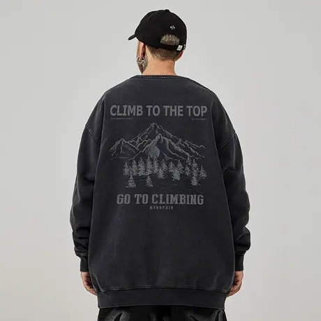 oversize港风圆领卫衣男潮牌重磅大码男装春秋季加绒复古水洗做旧商品大图