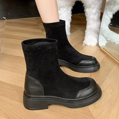 2022秋季新款黑色厚底弹力靴女百搭瘦瘦靴短靴粗跟高跟袜靴马丁靴图片