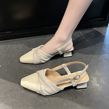 法式中跟小香风包头凉鞋女鞋子2023年新款春夏季黑色方头粗跟单鞋图片