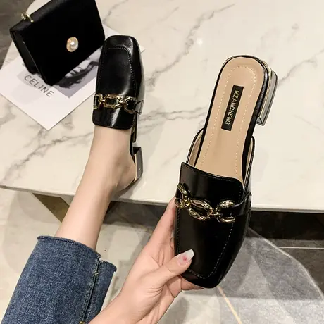 包头半拖女外穿2025春季新款百搭网红方头粗跟凉拖软底搭扣穆勒拖图片