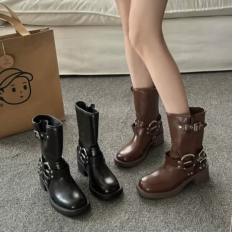 西部牛仔靴女2023新款马丁靴中筒骑士靴美拉德短靴子粗跟秋季单靴图片