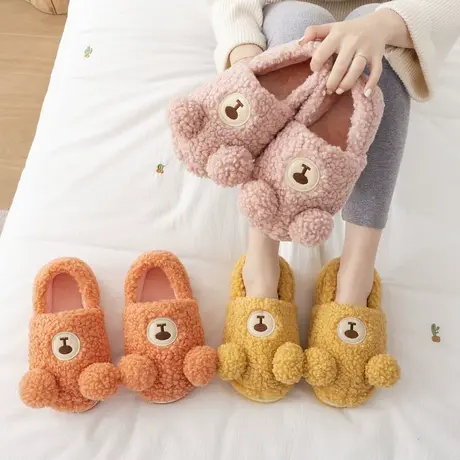 棉拖鞋女包跟可爱小熊秋冬天毛绒保暖家居家用室内情侣防滑月子鞋商品大图