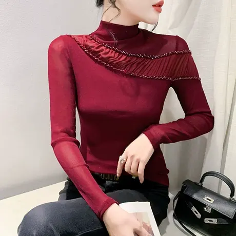 欧货烫钻拼接上衣性感网纱加绒加厚T恤女长袖秋冬新款修身打底衫商品大图
