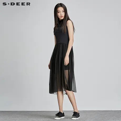 sdeer圣迪奥2018夏装纯黑搭肩网纱拼接高腰无袖连衣裙女S17281226图片
