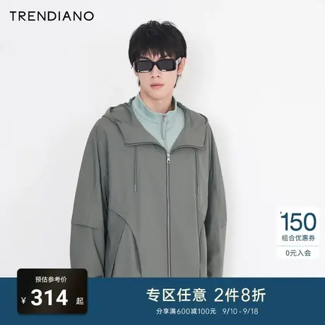 TRENDIANO官方潮牌秋季男装时尚简约宽松拼接外套休闲连帽风衣男商品大图