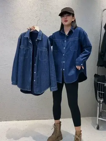 欧货高级感叠穿加绒牛仔衬衫女2023秋冬新款时髦洋气减龄长袖上衣商品大图