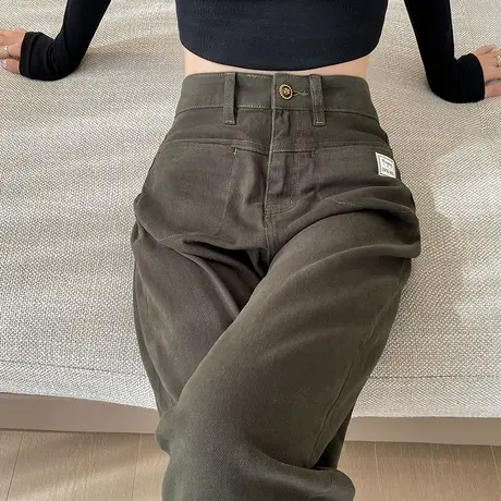 九分哈伦牛仔裤女秋冬季新款高腰宽松显瘦军绿色小个子休闲老爹裤商品大图