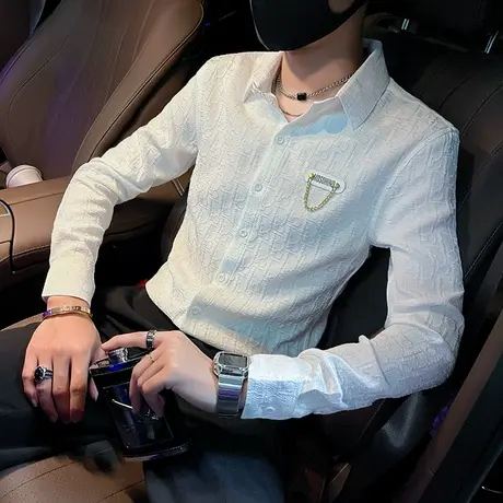 秋季男衬衫修身简约纯色百搭ins发型师潮流休闲帅气潮牌长袖衬衣商品大图