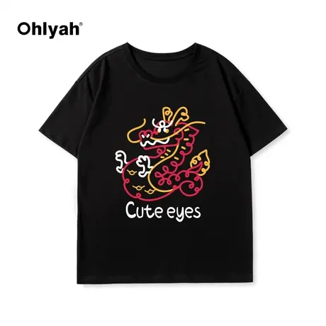 Ohlyah春夏新款字母龙图案短袖男女同款宽松纯棉情侣小众半袖T恤商品大图