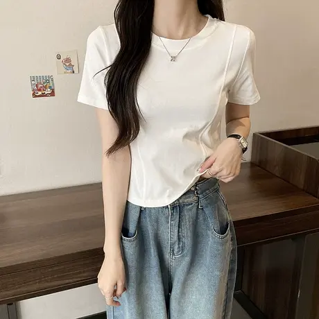 鱼骨线修身正肩短袖T恤女2023夏新款小个子设计感小众短款上衣商品大图