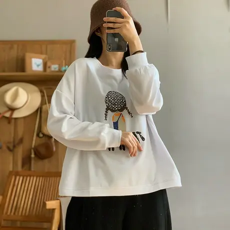 dza 复古宽松圆领落肩袖纯棉卫衣女2024春季新款休闲长袖短款上衣图片