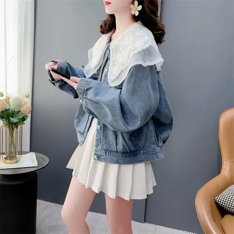 超火小个子蕾丝拼接娃娃领牛仔外套女春秋季洋气减龄百搭夹克上衣商品大图