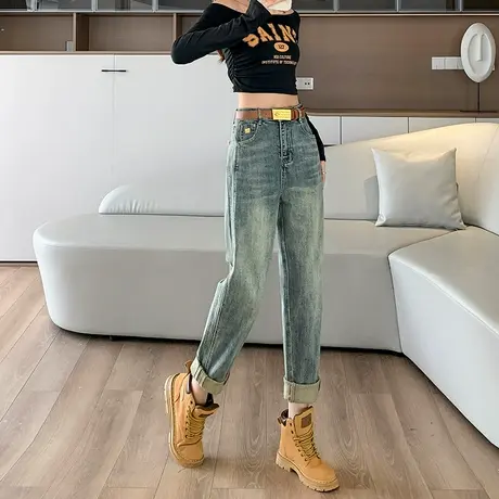 复古哈伦牛仔裤女春秋新款小个子高腰遮胯大码胖MM九分萝卜老爹裤图片