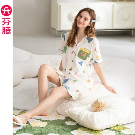 芬腾纯棉睡衣女夏季短袖短裤薄款翻领开衫卡通可爱全棉家居服套装商品大图