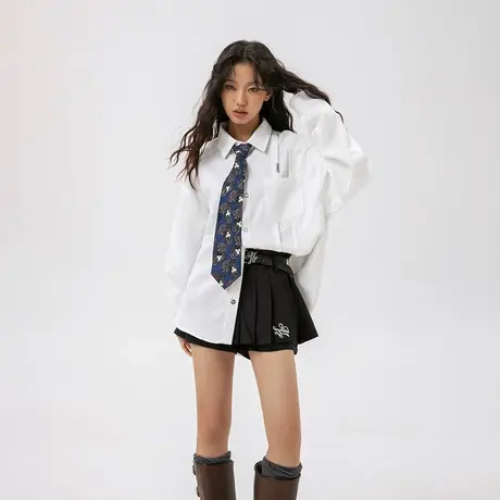 新中式潮牌白色衬衫女春季2024年新款复古纯色衬衣情侣装宽松上衣图片