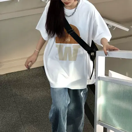 纯棉夏季短袖t恤女oversize学生宽松百搭小个子美式复古半袖上衣商品大图